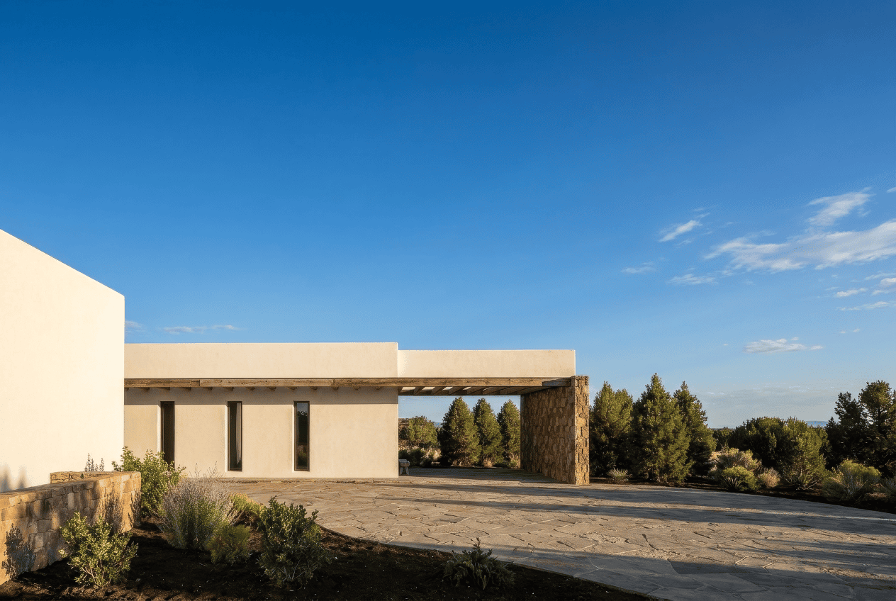 Axonometría del volumen de la casa con el anexo y la piscina