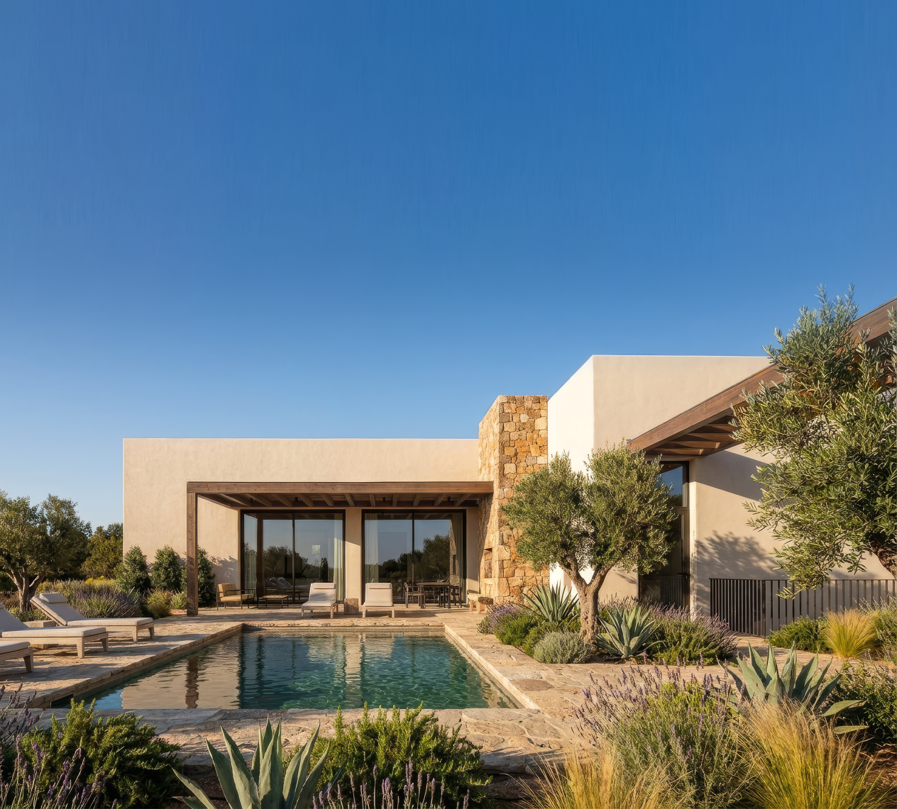 Render de la casa con la piscina, la pérgola y el muro de piedra