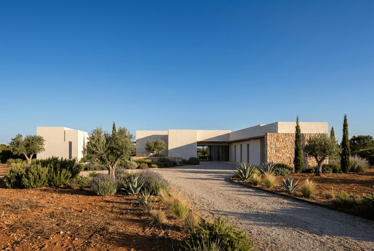 Casa de una planta entre olivos y cipreses, con acceso de grava